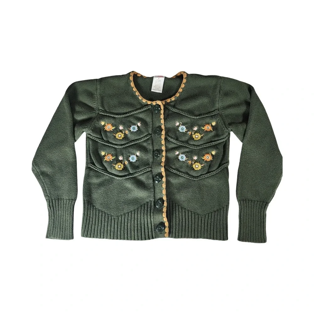 Vintage Gymboree Girls Green Floral Embroidered Cardigan‎ Sweater Size 8 2006